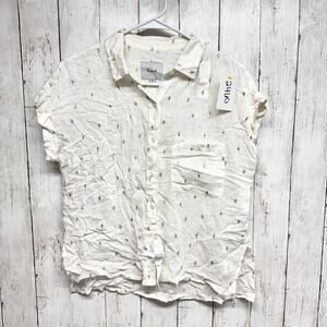 Rails Top Women Size XS White Linen Gold Cactus Short Sleeve Button Down Blouse